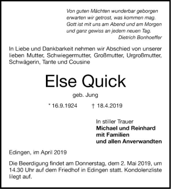 Traueranzeige von Else Quick von Mannheimer Morgen