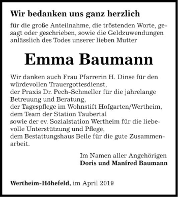 Traueranzeige von Emma Baumann von Fränkische Nachrichten