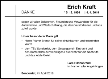 Traueranzeige von Erich Kraft von Fränkische Nachrichten