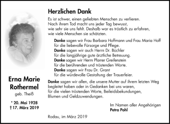 Traueranzeige von Erna Marie Rothermel von Bergsträßer Anzeiger