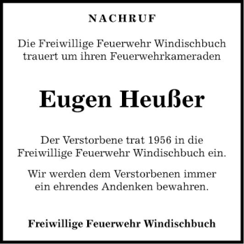 Traueranzeige von Eugen Heußer von Fränkische Nachrichten