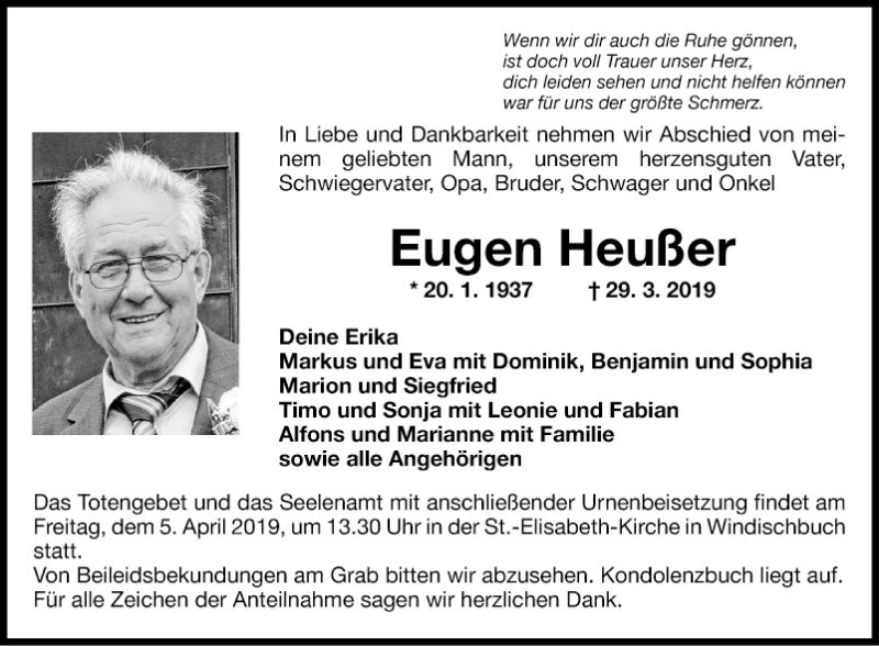  Traueranzeige für Eugen Heußer vom 03.04.2019 aus Fränkische Nachrichten