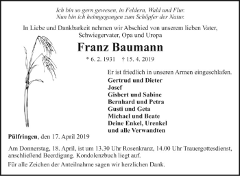 Traueranzeige von Franz Baumann von Fränkische Nachrichten