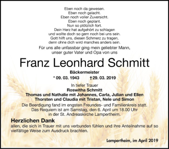 Traueranzeige von Franz Leonhard Schmitt von Südhessen Morgen