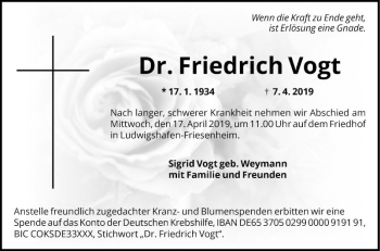 Traueranzeige von Friedrich Vogt von Mannheimer Morgen