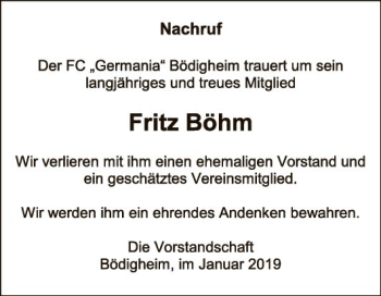 Traueranzeige von Fritz Böhm von Fränkische Nachrichten