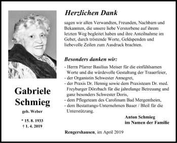 Traueranzeige von Gabriele Schmieg von Fränkische Nachrichten