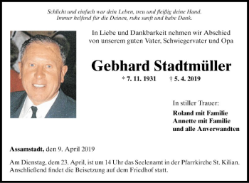 Traueranzeige von Gebhard Stadtmüller von Fränkische Nachrichten