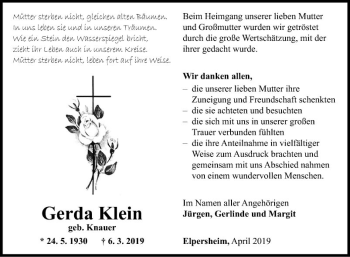 Traueranzeige von Gerda Klein von Fränkische Nachrichten