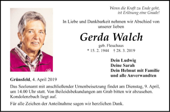 Traueranzeige von Gerda Walch von Fränkische Nachrichten