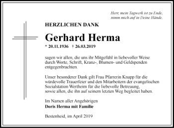 Traueranzeige von Gerhard Herma von Fränkische Nachrichten