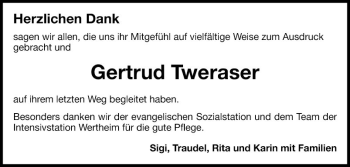 Traueranzeige von Gertrud Tweraser von Fränkische Nachrichten