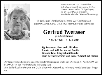 Traueranzeige von Gertrud Tweraser von Fränkische Nachrichten