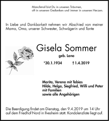 Traueranzeige von Gisela Sommer von Mannheimer Morgen