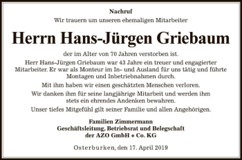 Traueranzeige von Hans-Jürgen Griebaum von Fränkische Nachrichten