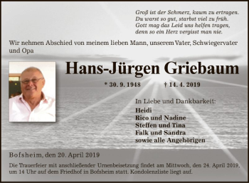 Traueranzeige von Hans-Jürgen Griebaum von Fränkische Nachrichten