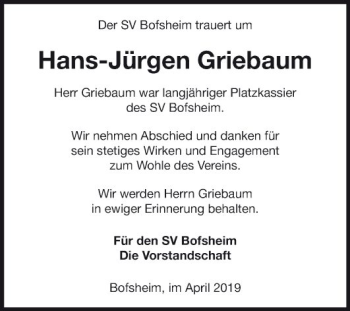 Traueranzeige von Hans-Jürgen Griebaum von Fränkische Nachrichten