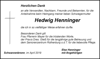 Traueranzeige von Hedwig Henninger von Fränkische Nachrichten