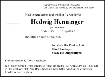 Traueranzeige von Hedwig Henninger von Fränkische Nachrichten