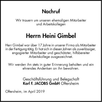 Traueranzeige von Heini Gimbel von Schwetzinger Zeitung