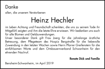 Traueranzeige von Heinz Hechler von Bergsträßer Anzeiger