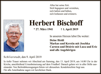 Traueranzeige von Herbert Bischoff von Fränkische Nachrichten