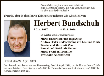 Traueranzeige von Herbert Bundschuh von Fränkische Nachrichten