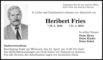 Traueranzeige von Heribert Fries von Fränkische Nachrichten