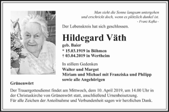 Traueranzeige von Hildegard Väth von Fränkische Nachrichten