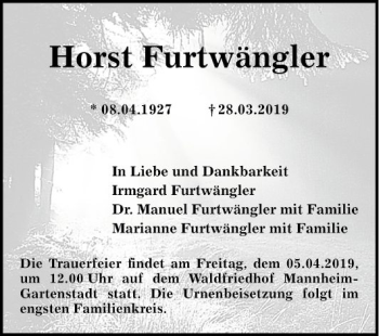 Traueranzeige von Horst Furtwängler von Mannheimer Morgen