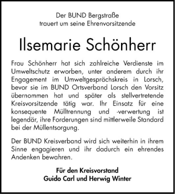 Traueranzeige von Ilsemarie Schönherr von Bergsträßer Anzeiger