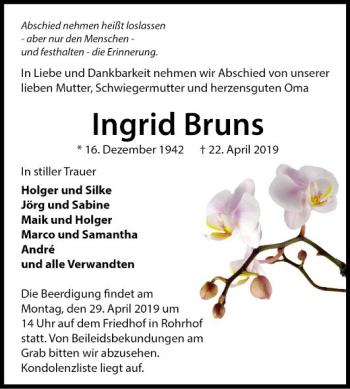 Traueranzeige von Ingrid Bruns von Schwetzinger Zeitung