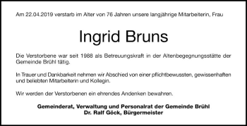 Traueranzeige von Ingrid Bruns von Schwetzinger Zeitung