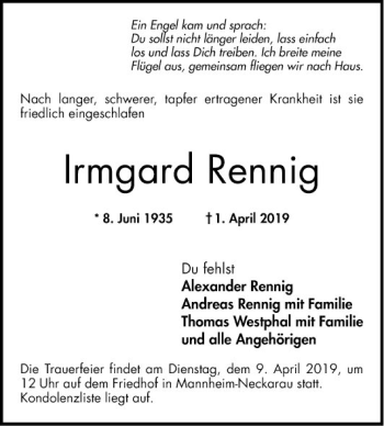 Traueranzeige von Irmgard Rennig von Mannheimer Morgen