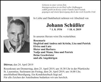 Traueranzeige von Johann Schüßler von Fränkische Nachrichten