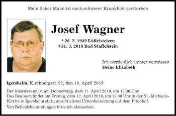 Traueranzeige von Josef Wagner von Fränkische Nachrichten