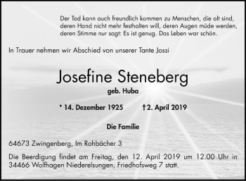 Traueranzeige von Josefine Steneberg von Bergsträßer Anzeiger