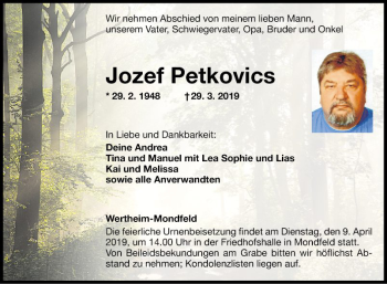 Traueranzeige von Jozef Petkovics von Fränkische Nachrichten