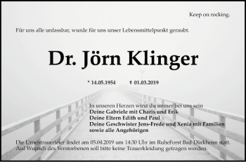 Traueranzeige von Jörn Klinger von Mannheimer Morgen