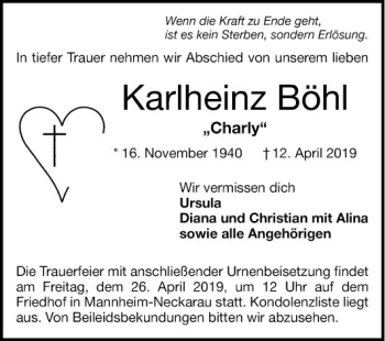 Traueranzeige von Karlheinz Böhl von Mannheimer Morgen