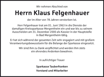 Traueranzeige von Klaus Felgenhauer von Fränkische Nachrichten