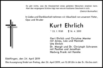 Traueranzeige von Kurt Ehrlich von Fränkische Nachrichten