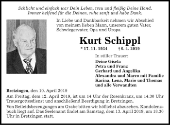 Traueranzeige von Kurt Schippl von Fränkische Nachrichten