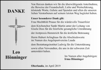 Traueranzeige von Leo Hönninger von Fränkische Nachrichten