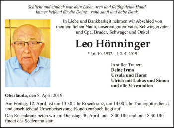 Traueranzeige von Leo Hönninger von Fränkische Nachrichten