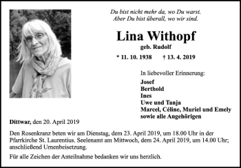 Traueranzeige von Lina Withopf von Fränkische Nachrichten