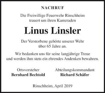 Traueranzeige von Linus Linsler von Fränkische Nachrichten