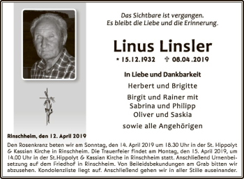 Traueranzeige von Linus Linsler von Fränkische Nachrichten