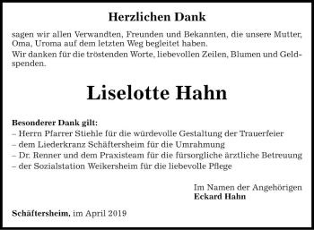 Traueranzeige von Liselotte Hahn von Fränkische Nachrichten