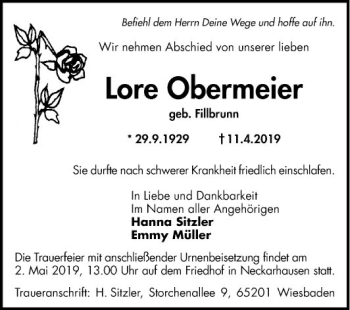 Traueranzeige von Lore Obermeier von Mannheimer Morgen